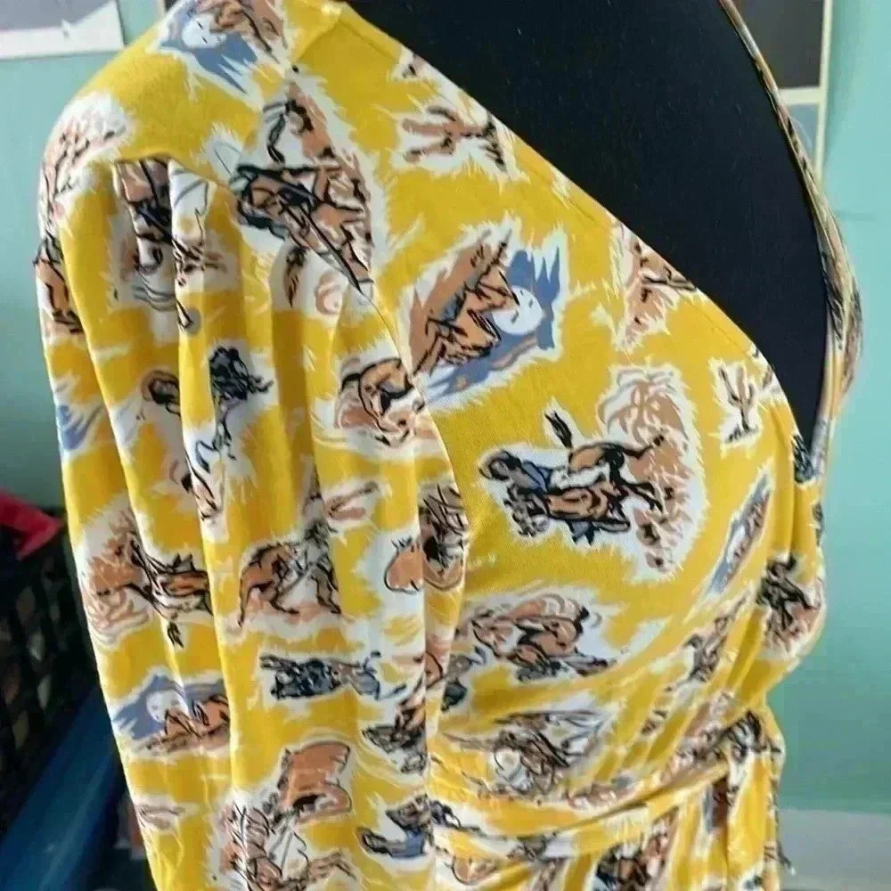 ModCloth back in the saddle bright cheerful wild west wrap dress dress medium - Picture 2 of 8